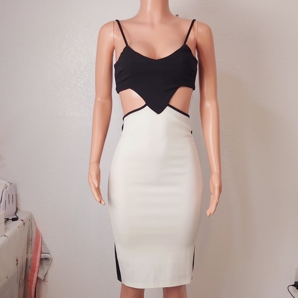 NUDE Black&White Cut Out Color Block Sheath Sleeveless Full Back Zip Dress Sz: S - Picture 1 of 12